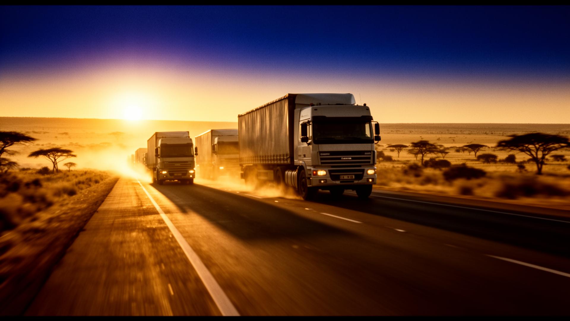 Fleet of trucks driving along an African highway at sunrise